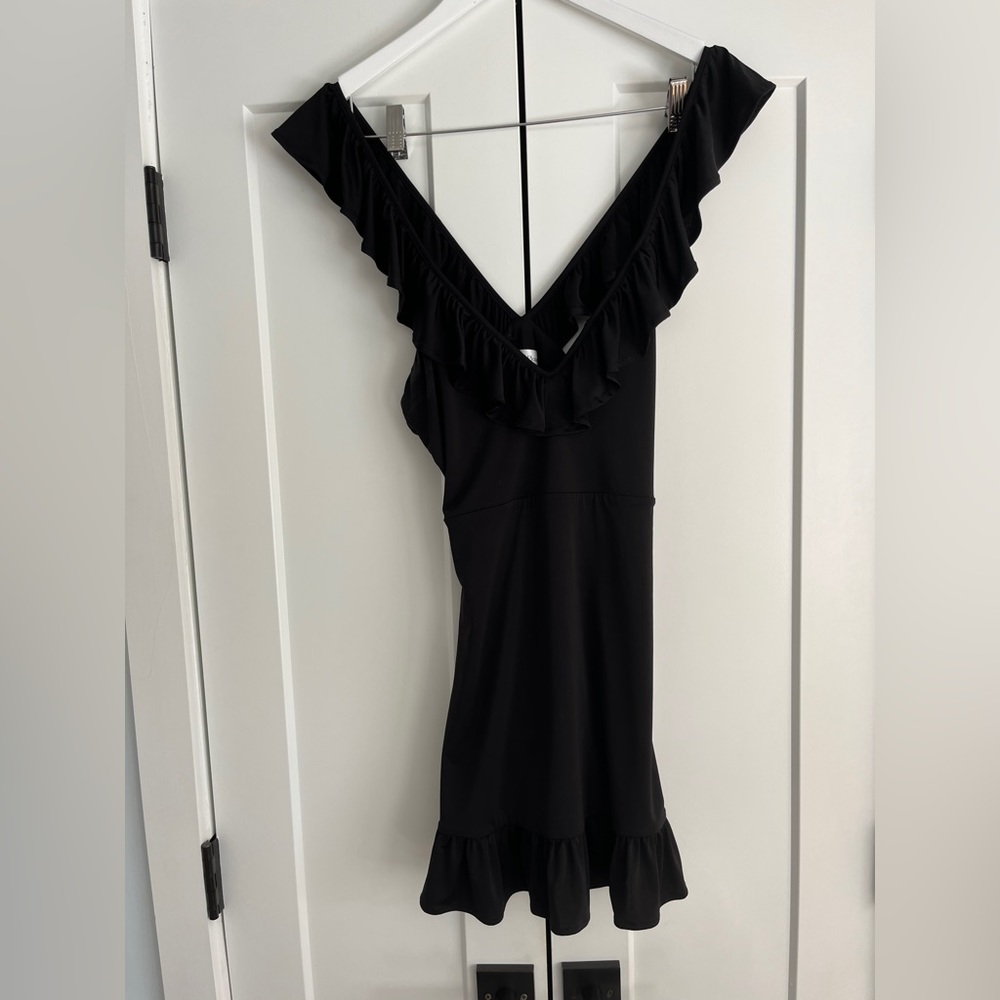Black ruffle mini dress, size Medium.